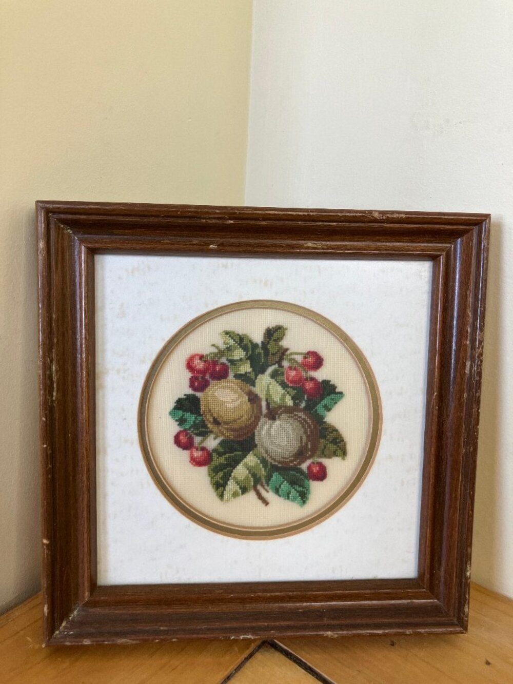 Fruit & Leaf Bunch Petit Point Completed Vintage Square 7"Framed Hand Embroidery